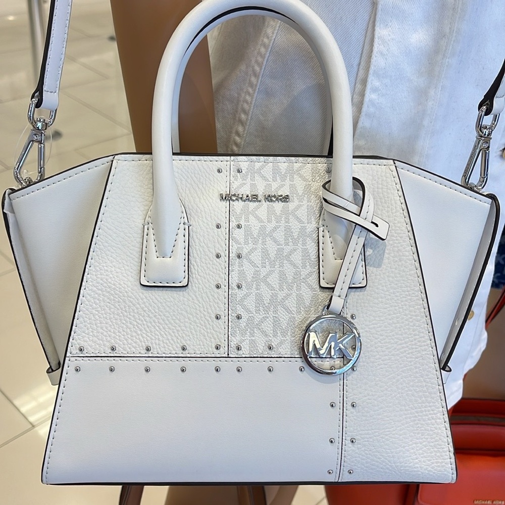 Michael Kors Avril Small Studded Patchwork and Signature Logo Satchel Crossbody